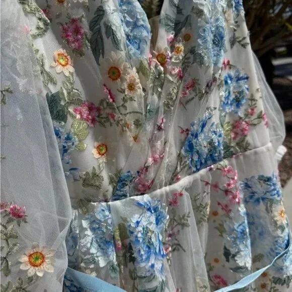 Teuta Matoshi- Cerulean Wildflower Floral Puff Sleeve Dress with Blue Accents - Picture 6 of 8